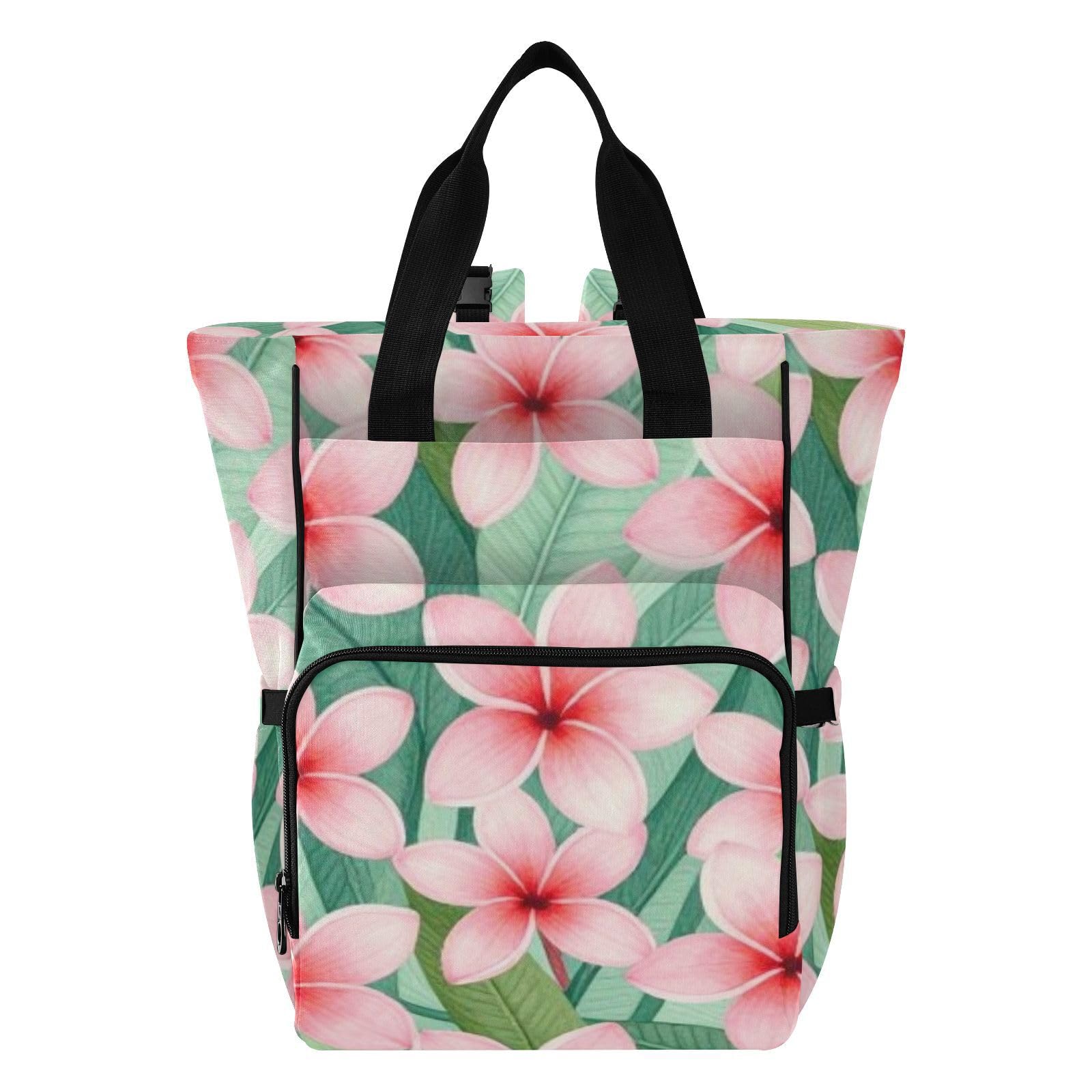 Mochila pañalera para mamás y papás, diseño de frangipani, color rosa