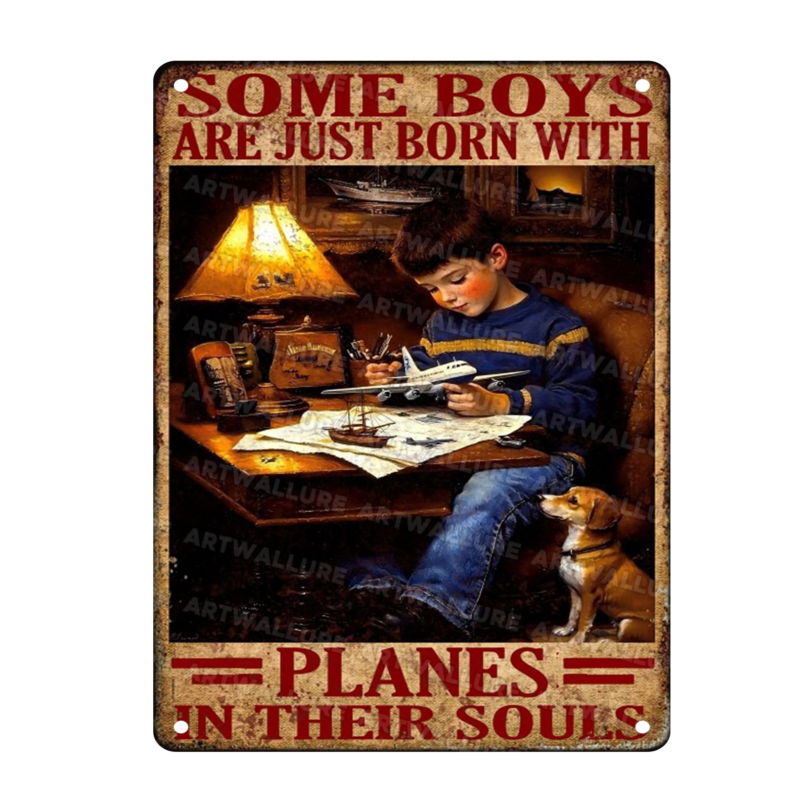 Boy and Dog Vintage Sign Some Boys Are Just Born With Planes Metal Sign for Home Man Cave Bar Cafe Kitchen Wall Decor 12x16inch