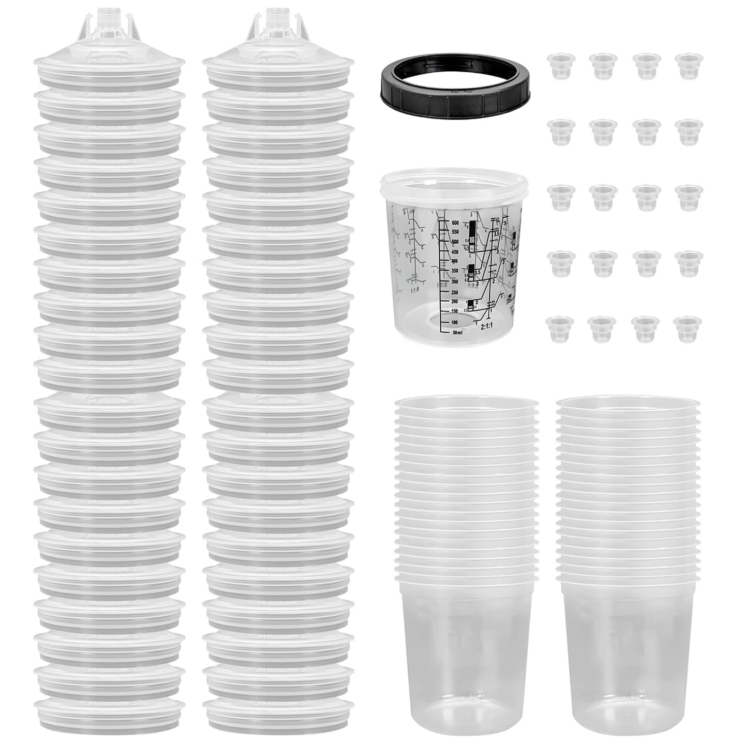 Lackmischbecher für Lackierpistole, Farbmischbecher mit 50 Einwegdeckel und Liner, 10 Verschlussstopfen, 600ML Mischbecher Lack