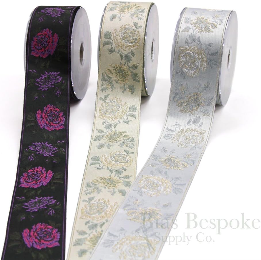 20 Meter Roll of Beige and Gold Wide Jacquard Rose Trim, Made in Italy