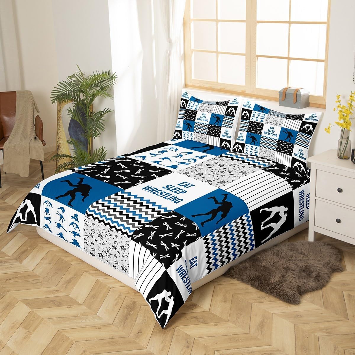 Wrestling Duvet Cover Set Queen Size,Wrestler Men Boys Sport Bedding Set for Kids Teens Adult Room Decor,Navy White Black Patchwork Plaid Comforter Cover Striped Stars Grid Quilt Cover,2 Pillowcases