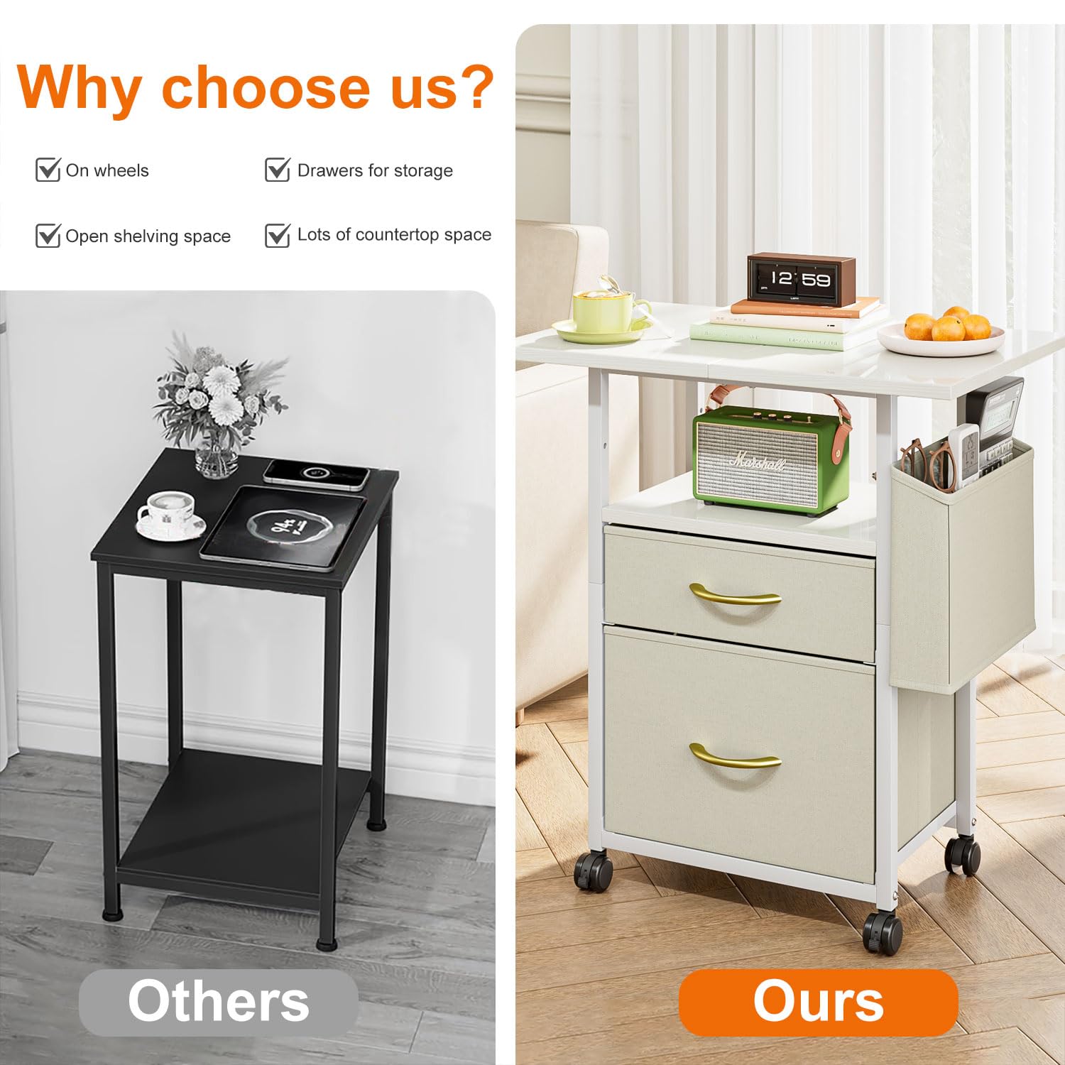 Comodino Industriale Con Ruote - Tavolino 3 Livelli Con Cassetto Per Camera