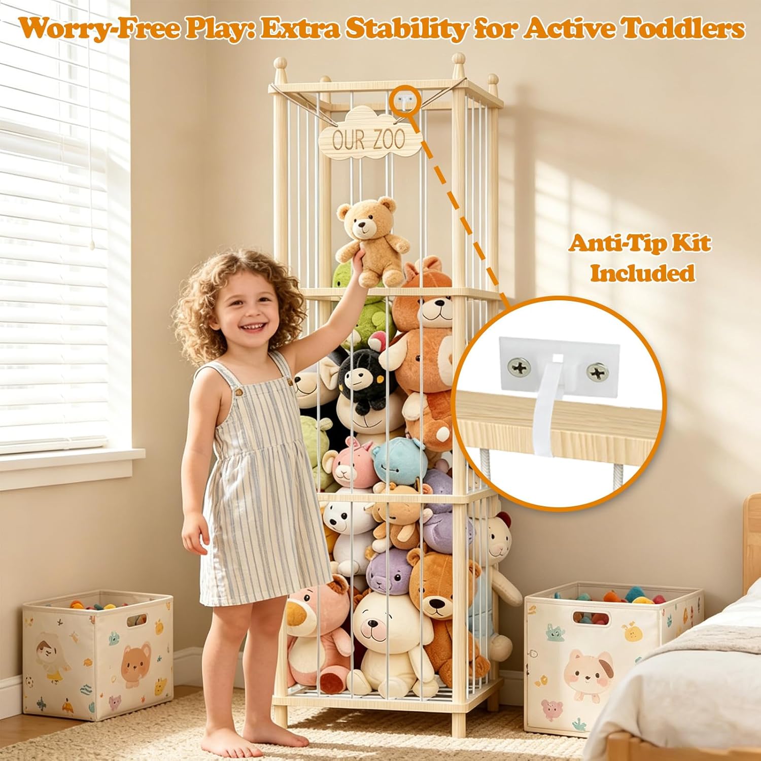 Stuffed Animal Storage Zoo - 54 Inch Large Wooden Toy Organizer | Anti-Tip Design Plushie Storage Rack for Nursery & Playroom | Easy Assembly