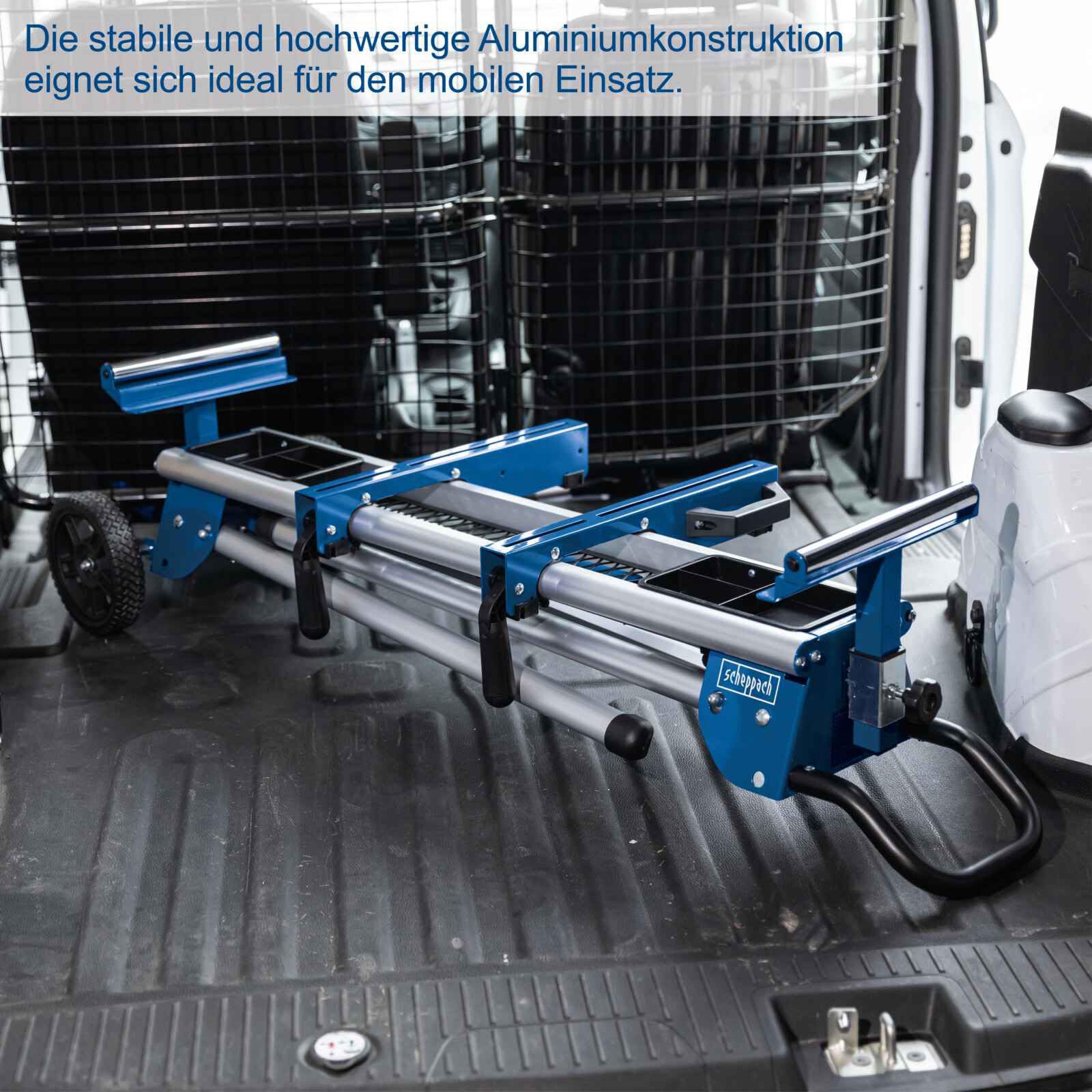 Scheppach Untergestell mit Räder | UG200 Maschinenuntergestell | Traglast max. 150kg | Auflagen ausziehbar 1090–1675mm | 955mm Arbeitshöhe | inkl. Kleinteilbehälter | Untergestell Kappsäge