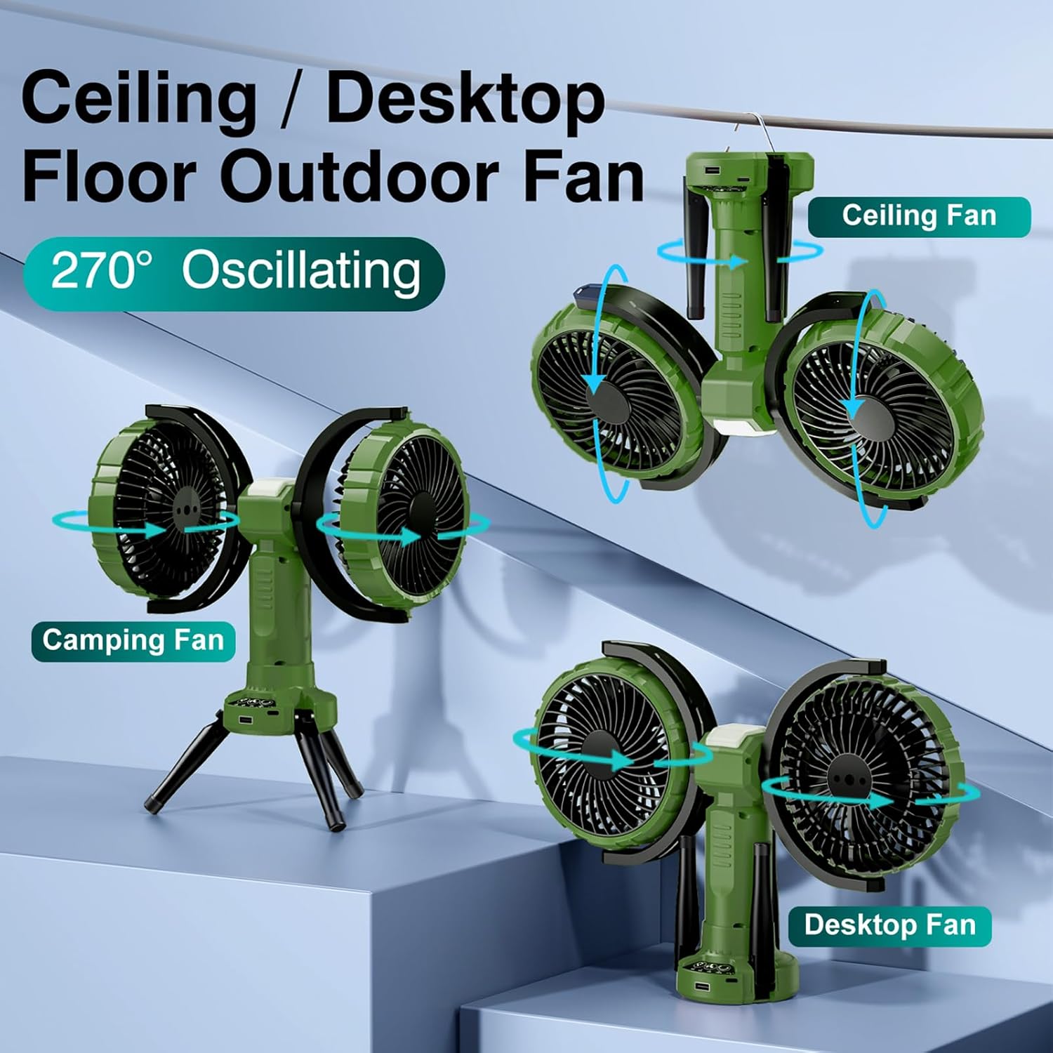 Outdoor Camping Fan With Light - Oscillating Battery Powered Fan For Camping With Hanging Hook For Beach Travel Picnic Fishing Outdoor- Green