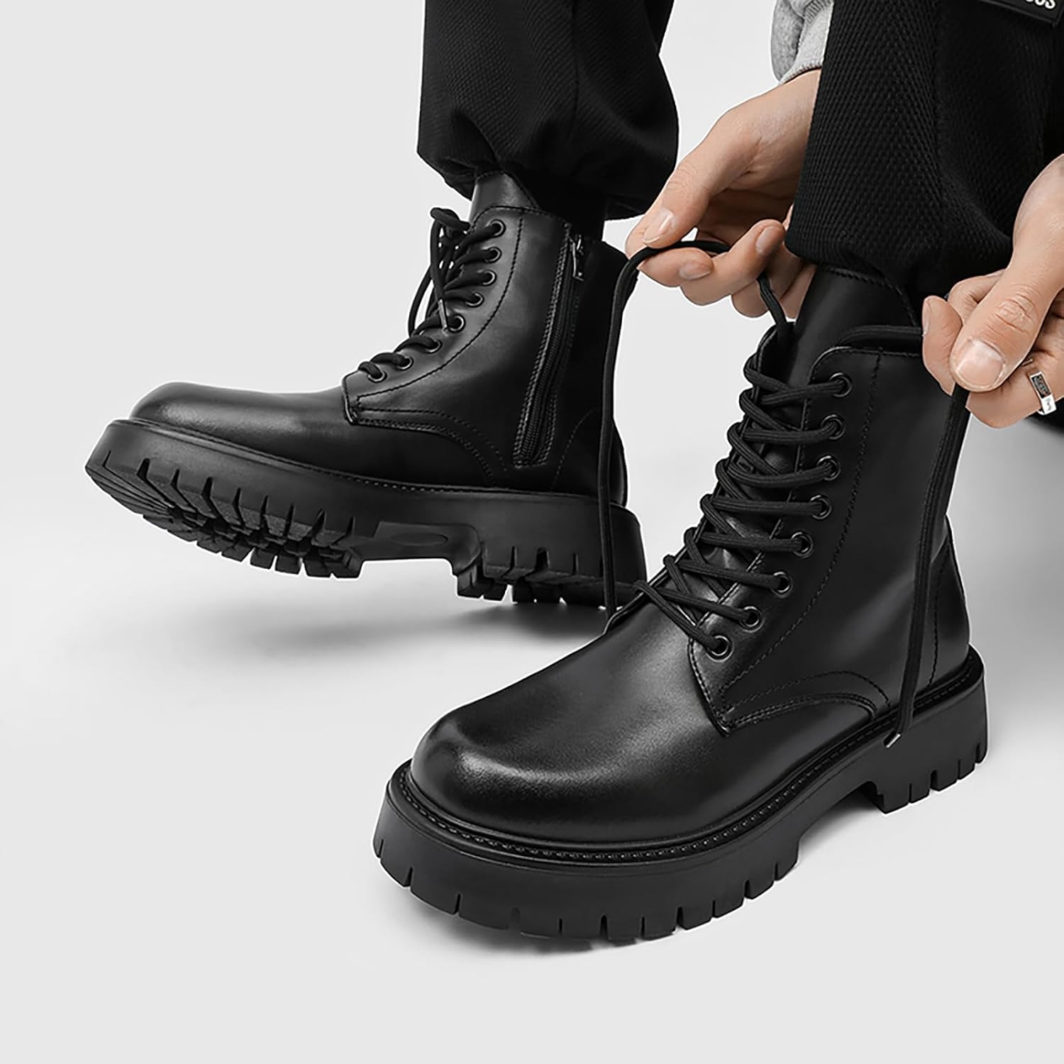 Men'S Black Patent Leather Platform Combat Boots Fashion Wide Toe Lace Up Side Zipper Sole Non-Slip High Top Motorcycle Boots Comfort Outdoor Casual Waterproof Chunky Heel Ankle Booties - Image 7
