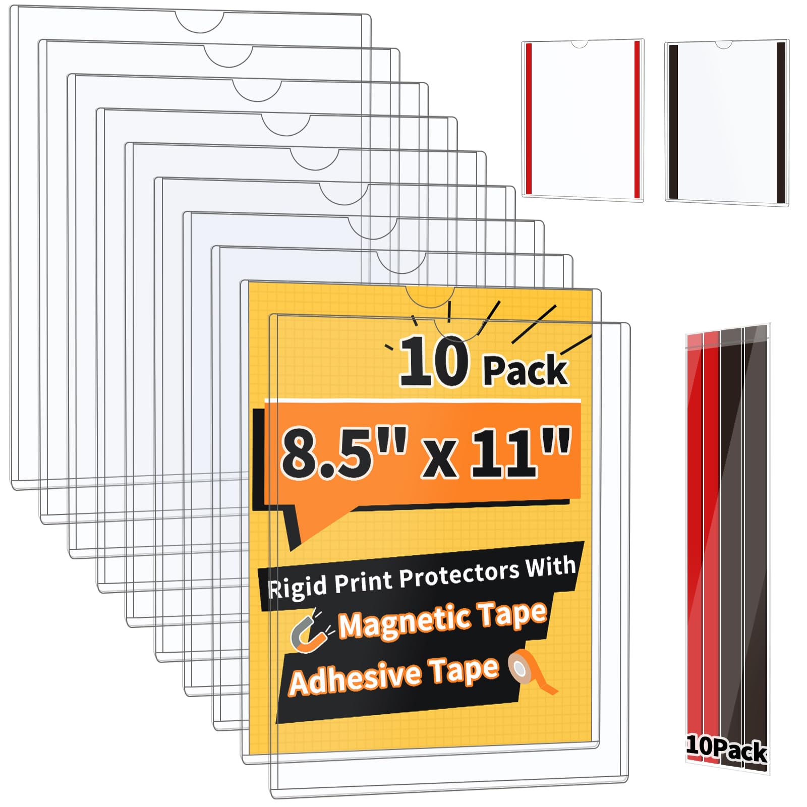 PUJIANG 10 pack Magnetic Sign Holder 8.5 x 11 Wall Mount | Adhesive Document Frame for Posters, Menus, Notices | Rigid Plastic Sheet Protector with
