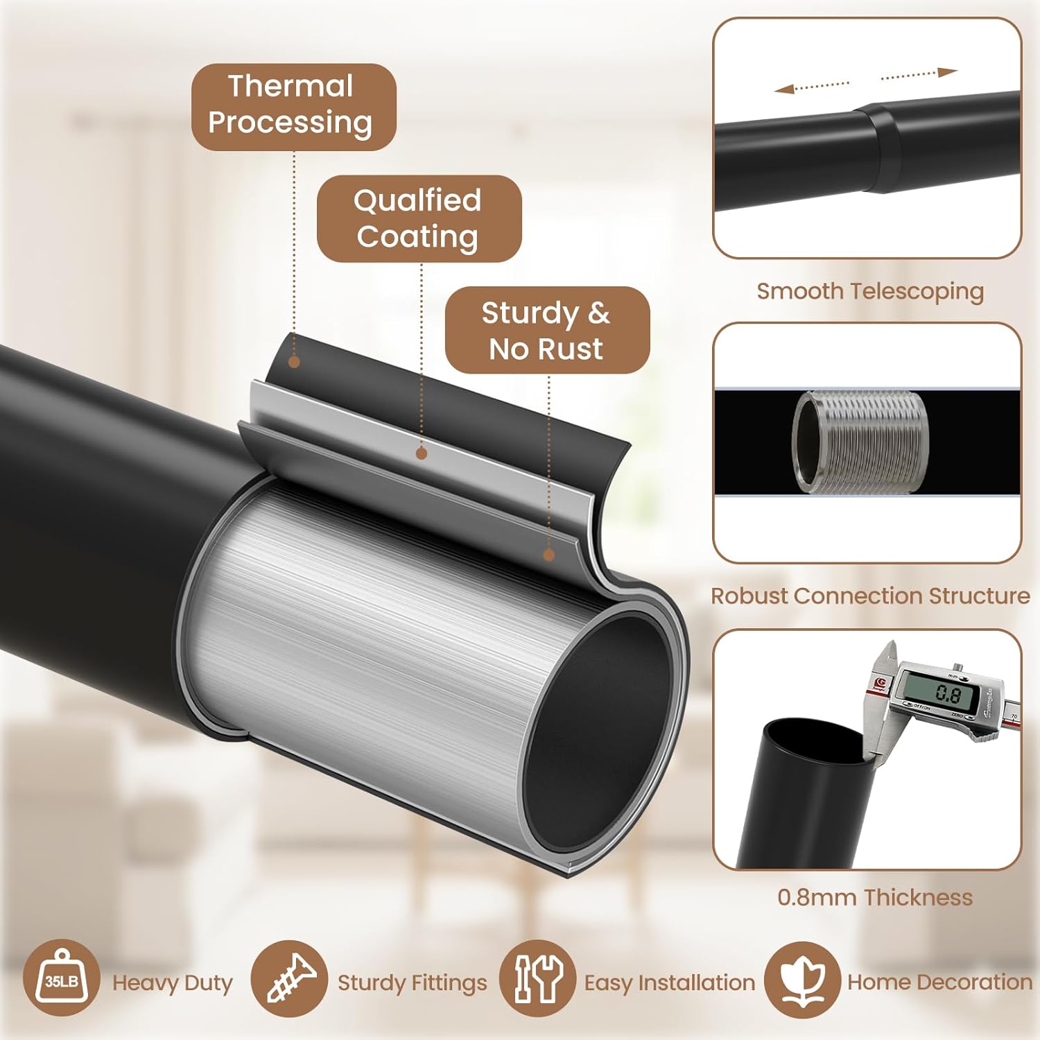 1 Inch Heavy Duty Curtain Rods for Windows 36-88":Sturdy Black Metal Drapery Rods with Decorative Twisted Cage Finials,Adjustable Farmhouse Window Treatment Rods for Bedroom/Kitchen/Living Room