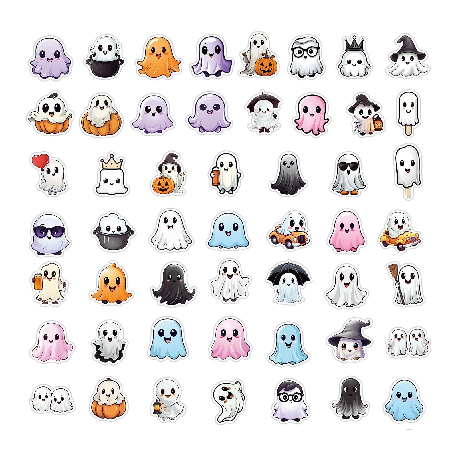 Autocollants Halloween Fantômes Mignons - Lot De 50 - PVC Réutilisable - Déco Citrouille, Cartes, Bouteilles