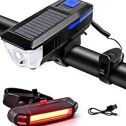 kit Lanterna Solar P/Bike Bicicleta com Buzina Potente Recarregável 3 modos de Luz + Sinalizador Traseiro Recarregável USB para Bicicleta -Vende Mais