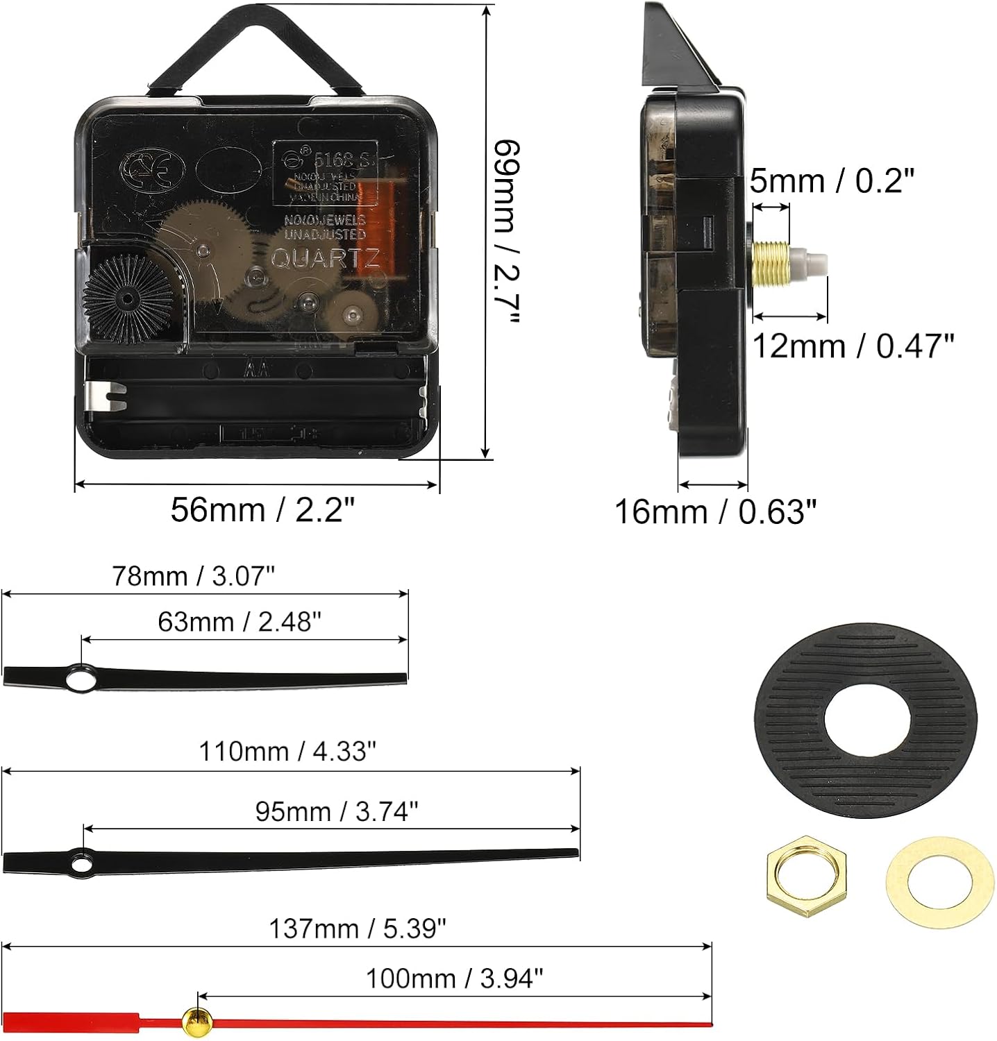 PATIKIL Clock Mechanism Replacement, 1Set Quartz Clock Mechanism Battery Operated DIY Wall Clock Aluminium 63mm Hands Motor Kit Mute Movement, Black Red