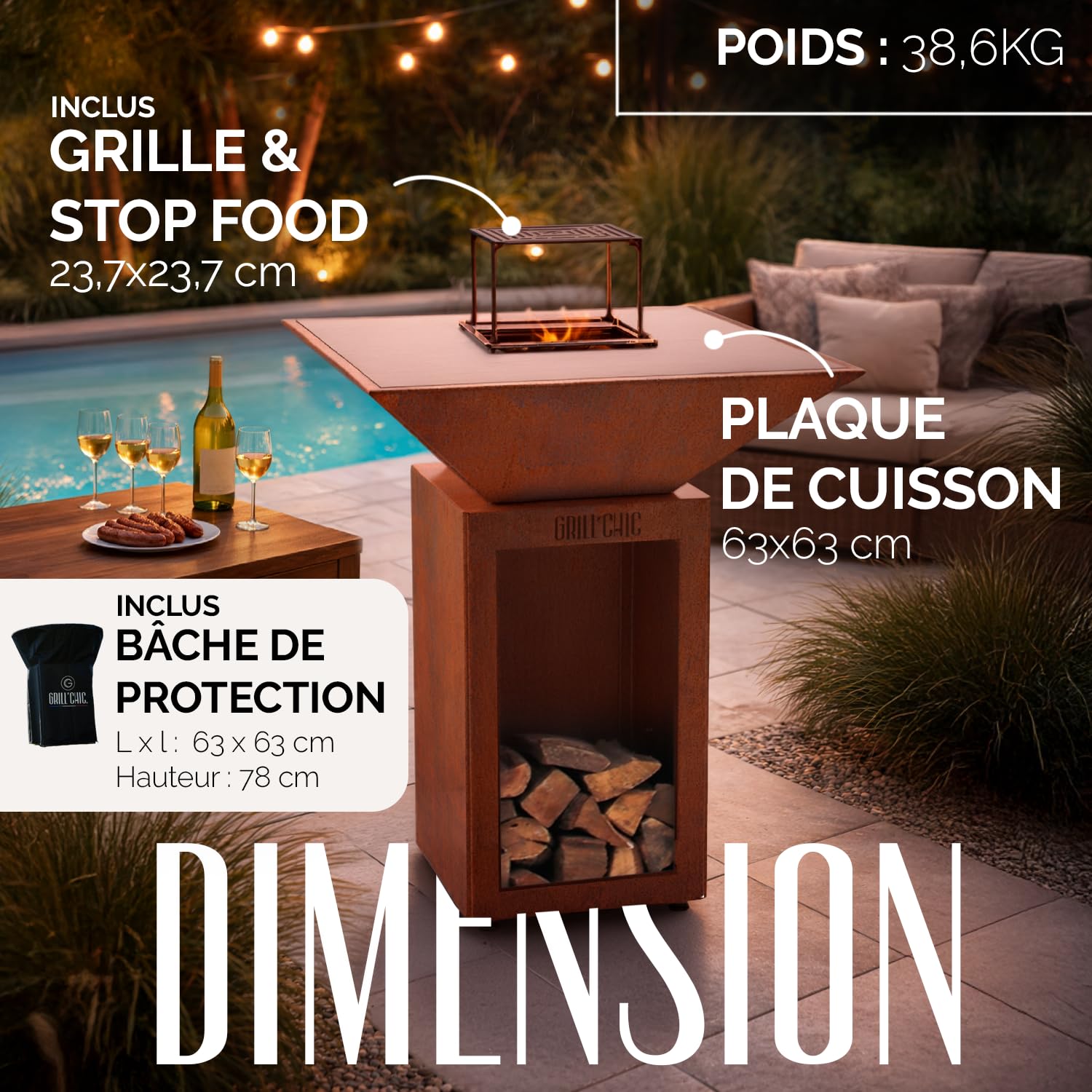 GRILL'CHIC - Pack Privilège Brasero Auvergnat Corten Bois Carré - Simple Cuve - Avec Bâche + Grille + Stop Food Inclus - À Assembler - Fabriqué en France - 63 L x 63 P x 78 H cm