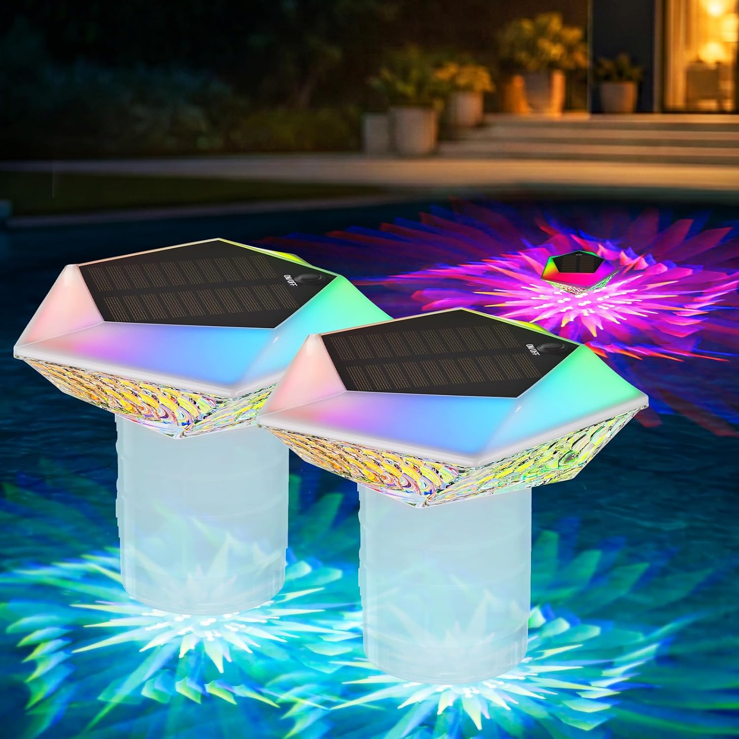 Solar Pool Chlorine Floater With Colorful Lights,7.8" LED 43 Color Modes Floating Pool Lights,Chlorine Floater With Adjustable Release,Easy Opening Floating Chlorines Dispenser For Pool, Hot Tub(2PCS)