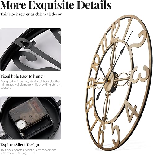 Miniatura 7 de Cuspin Reloj de pared de metal de bronce de 16 pulgadas, silencioso, sin tictac, funciona con pilas, grandes números arábigos, redondos, retro,