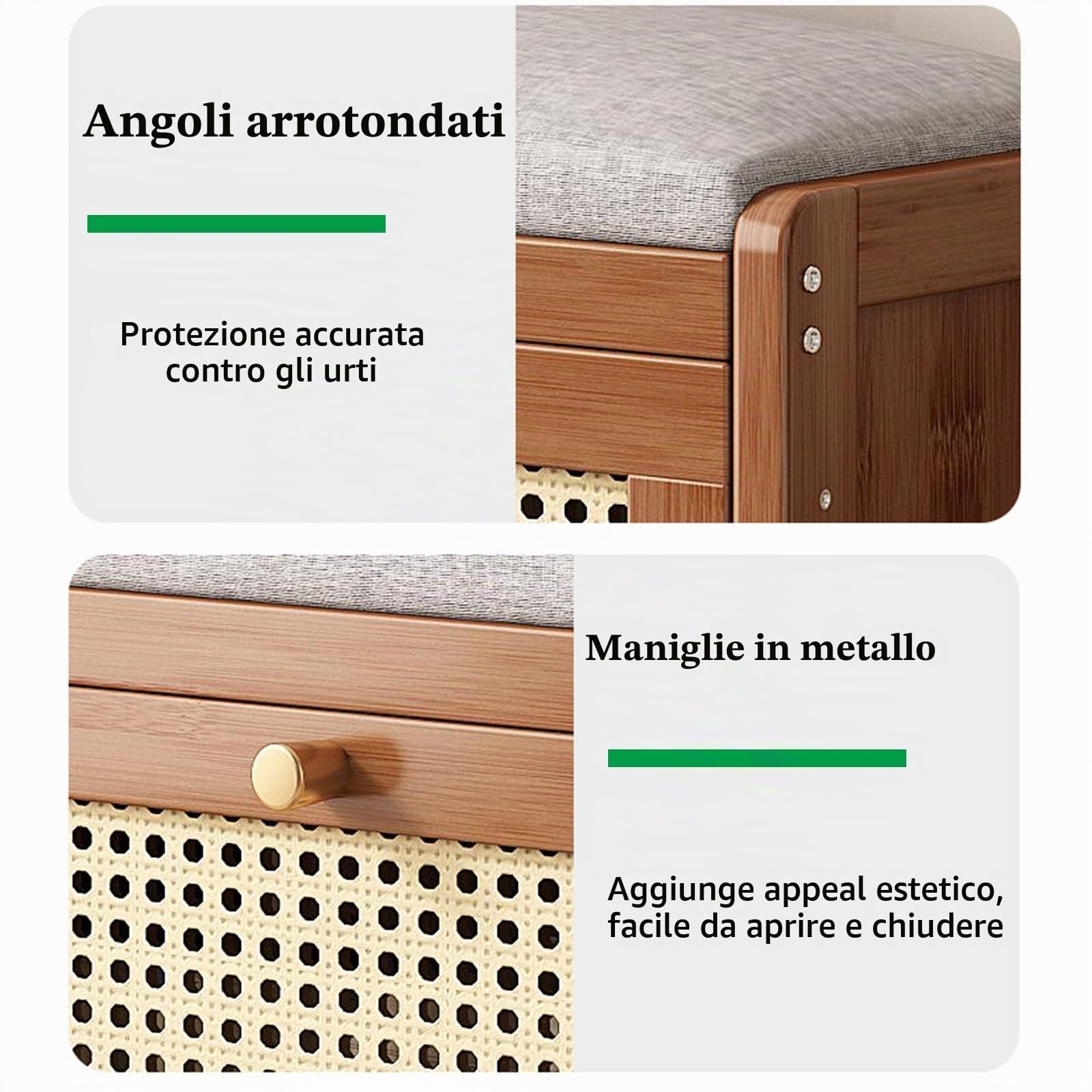 Elegante scarpiera in legno con portaoggetti in rattan, scarpiera e seduta versatile per corridoio e camera da letto, scarpiera marrone (50 x 24 x 44 cm)