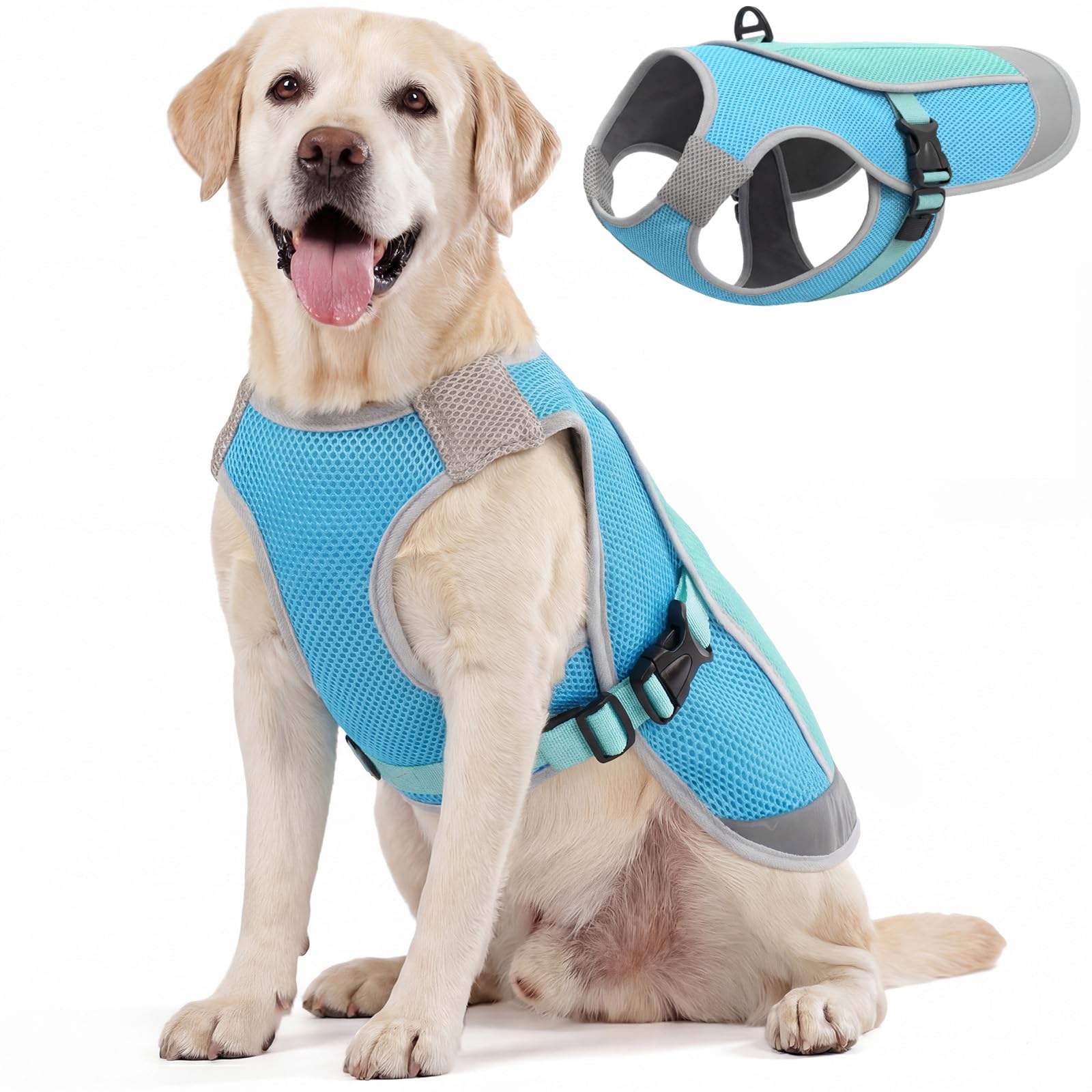 Kuoser Cooling Coat for Dogs, Easy On Dog Cool Vest with Chest Buckle, Summer Dog Cooling Jacket with D-Ring, Blue X-Large