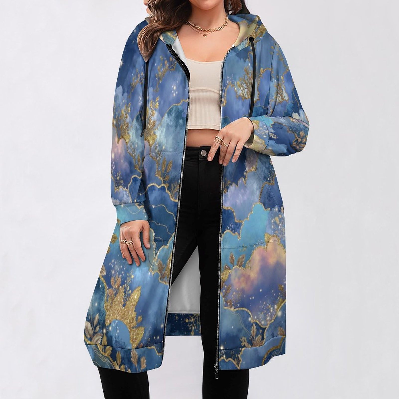 Felpa Donna con Zip Felpe Sportiva con Tasche E Cappuccio Cielo Stellato Design delle Nuvole Morbida Invernale Giacca Regolabile Blu Confortevole per Uso Quotidiano Casual