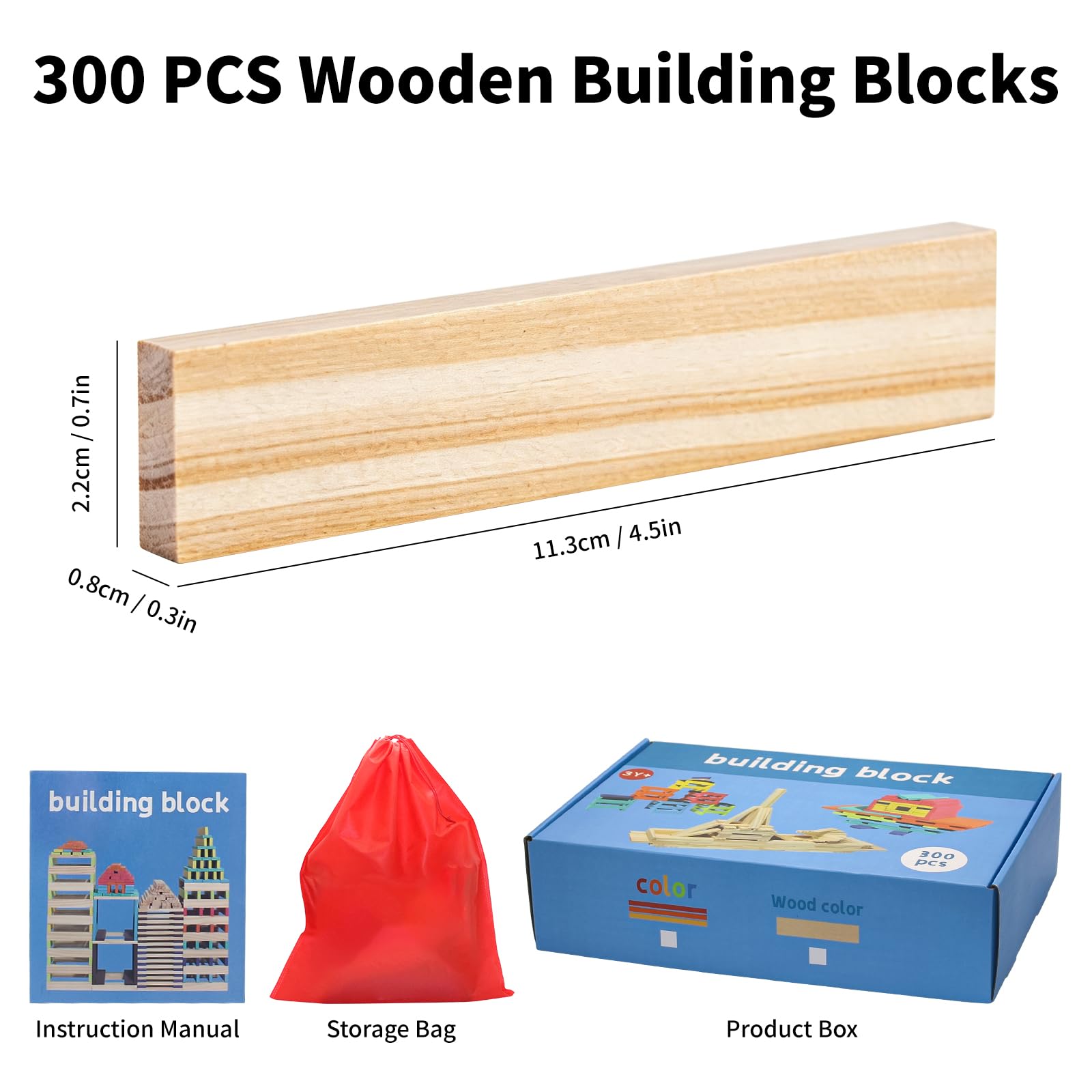 300 Stück Holzbausteine für Kinder ab 3 Jahr, Kreative Montessori STEM Bauklötze, Konstruktions-Holzspielzeug, Bildungs-Lernspielzeug, Festgeschenke für Jungen und Mädchen