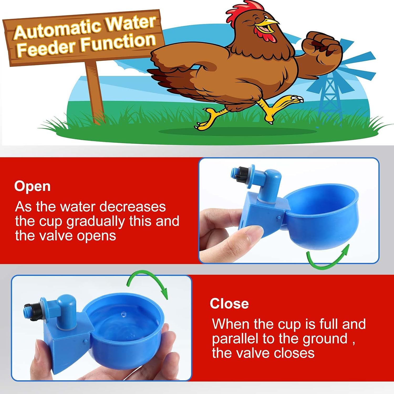 Tanlade 50 Pcs Automatic Chicken Waterer Cups Chicken Feeder for PVC Pipe Waterer Kit for Poultry Duck Goose Turkey Bunny (Red,Blue,Classic)