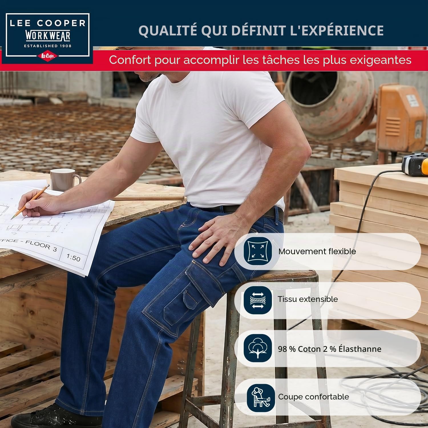 Lee Cooper Jean Cargo Homme Regular Fit – Pantalon Denim Stretch Multi Poches, Jean Travail Carpenter Résistant Workwear pour Chantier Loisirs