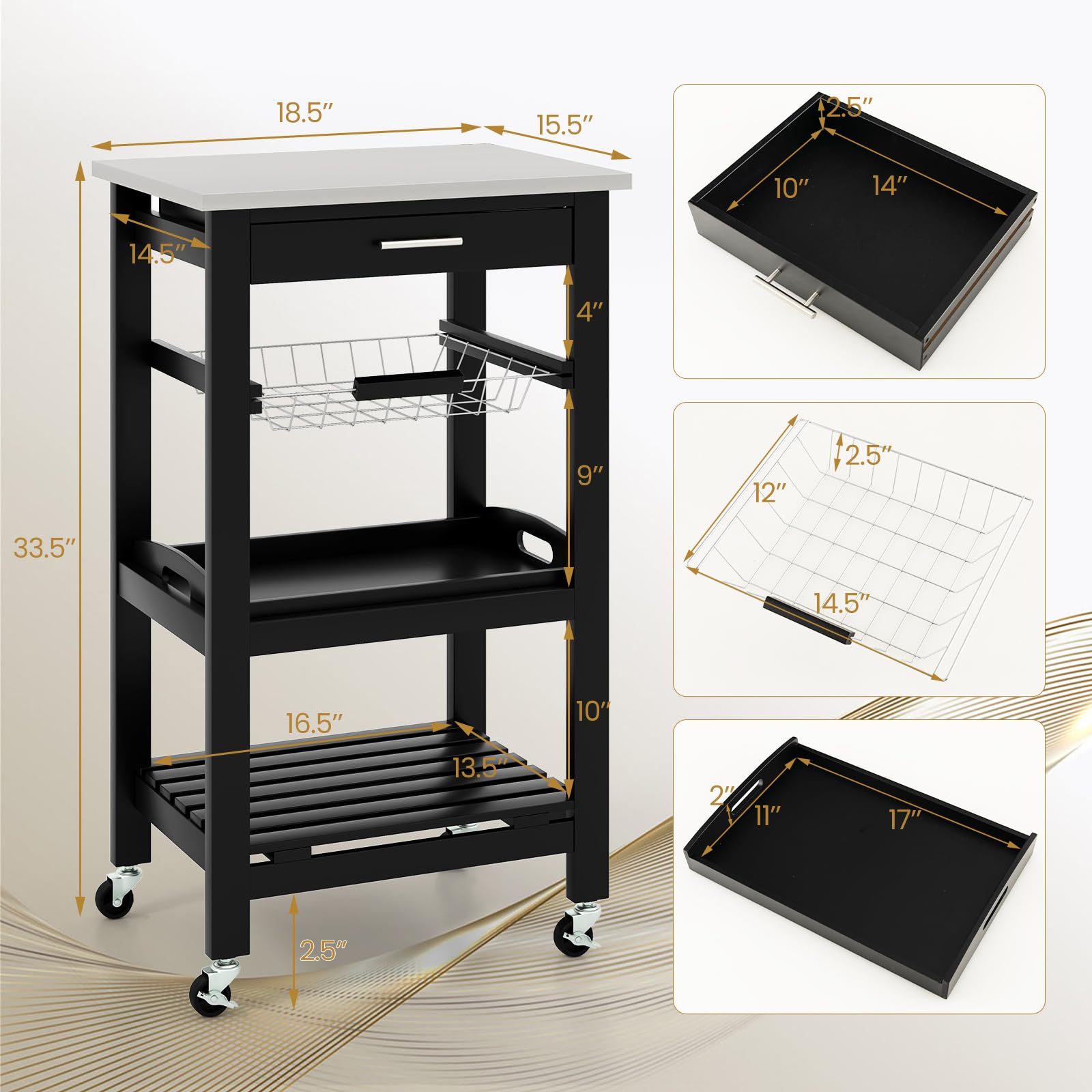 GOPLUS Isla de Cocina con Ruedas, Carrito de Almacenamiento Rodante con Encimera de Acero Inoxidable, Cesta de Alambre Metálico Deslizable, Bandeja para Servir, para Cocina y Comedor (Negro)