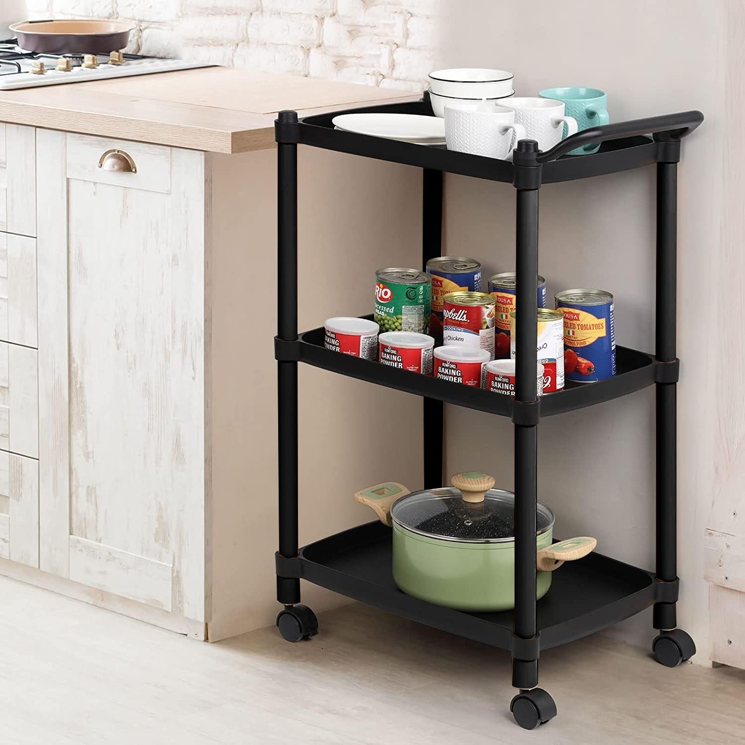 Avilia Carrello Portavivande da Cucina con 3 Ripiani e Ruote - 46x33x74 cm, Carrello Cucina Nero - Manico Ergonomico, Struttura in Polipropilene Resistente - Ideale per Cucina, Bagno e Ufficio