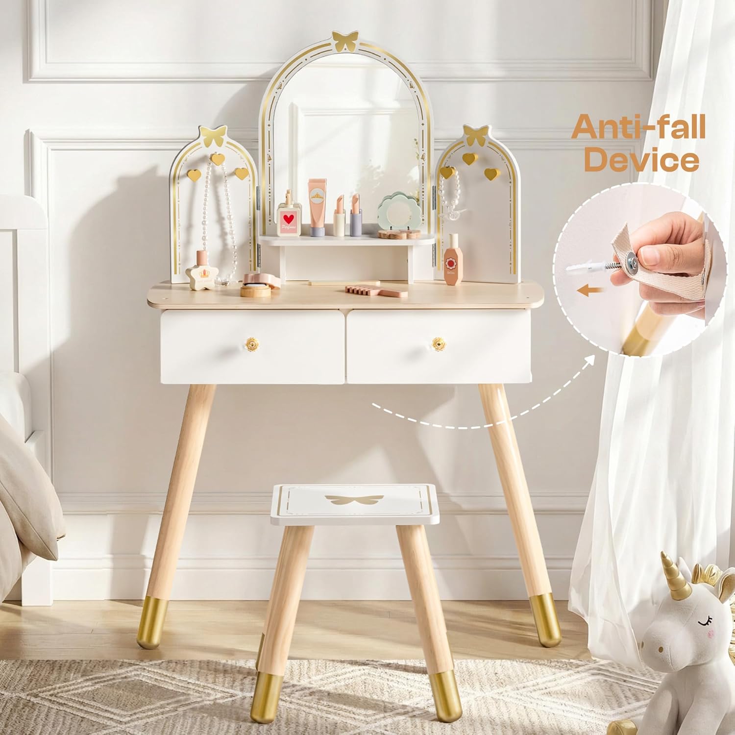 ROBUD Kids Vanity Table and Chair Set, Girls Vanity Set with Mirror, Pretend Play Kids Vanity, Makeup Dressing Table with Drawer and Accessories, Age 3+ (Platinum)