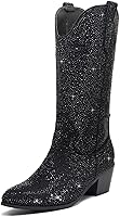 Vista 1 de RKQ Rhinestone Cowboy Boots for Women Wide Calf Sparkle Western Cowgirl Boots Vintage Pointed Toe Pull-UP Tabs Block Stacked Heel 5cm Wedding Party