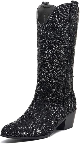 RKQ Rhinestone Cowboy Boots for Women Wide Calf Sparkle Western Cowgirl Boots Vintage Pointed Toe Pull-UP Tabs Block Stacked Heel 5cm Wedding Party