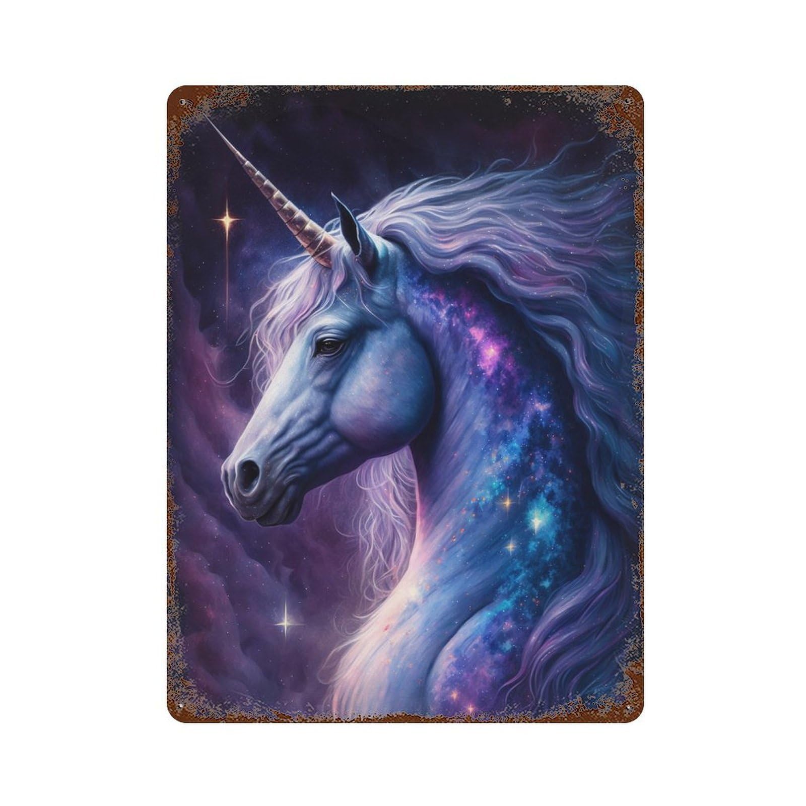 Rust Effect Galactic Unicorn Art Print-15 Weathered Tin Sign 15.7"x11.8", Shabby Chic Decor for Patio, Garden Room And Bar Decor