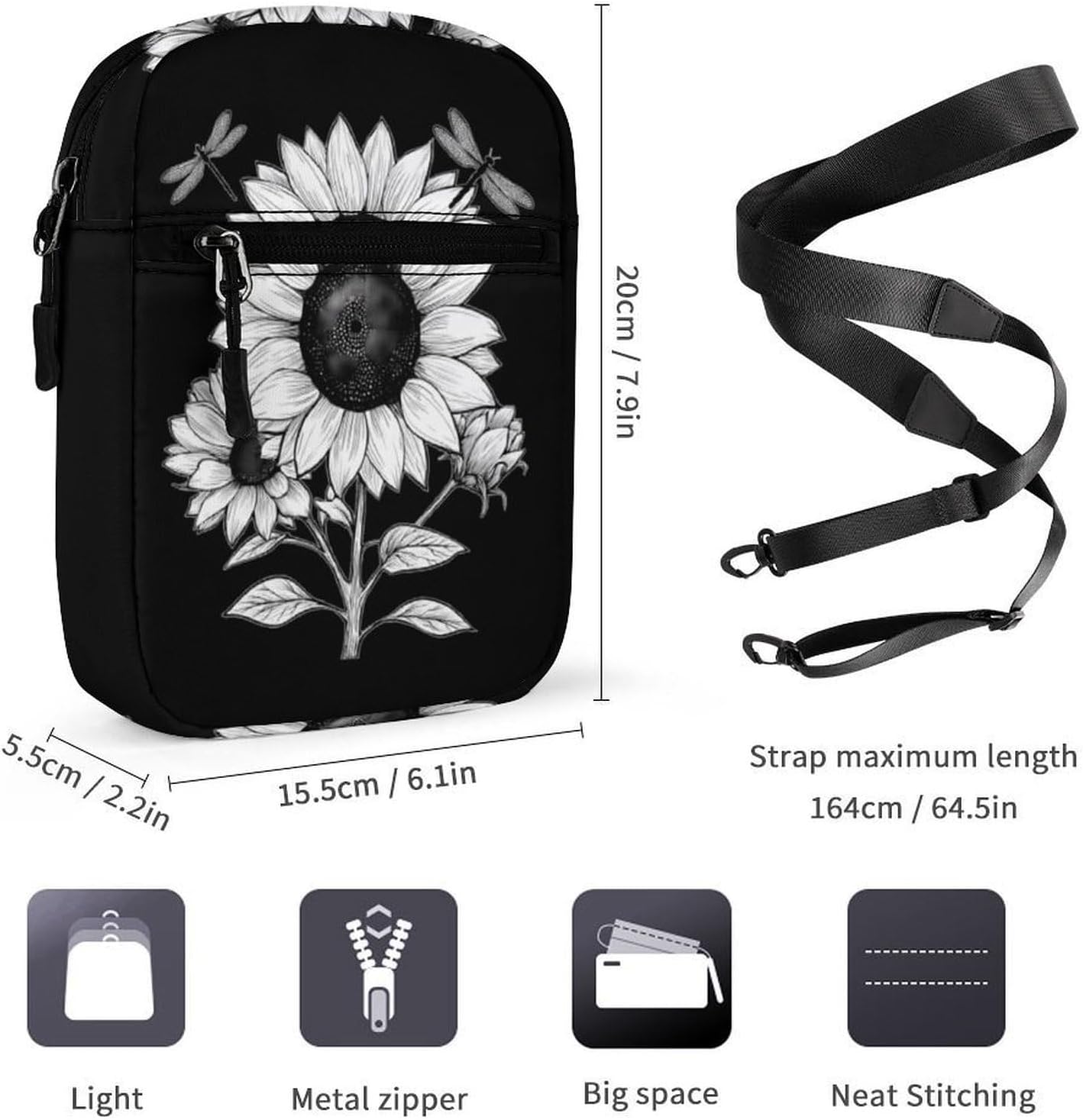 Sunflower with Dragonflies Small Crossbody Bag Sling Shoulder Satchel | for women men,work travel workout,detachable and adjustable shoulder strap