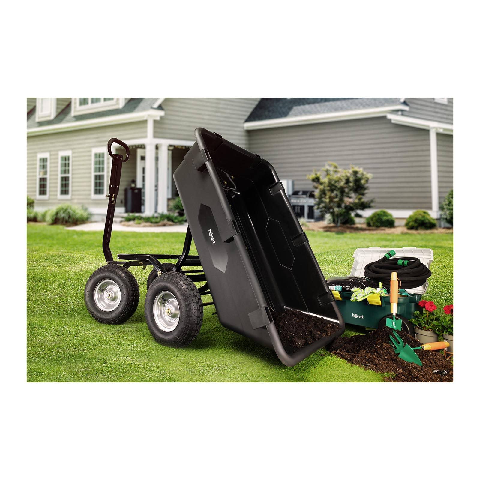 Brouette De Jardin Chariot Basculant À Benne Basculante 4 Roues Remorque HT-Q.BASS-550 (Capacité De 550 kg, Contenance De 150 l, Fonction De Basculement, Roue ø 25 cm)