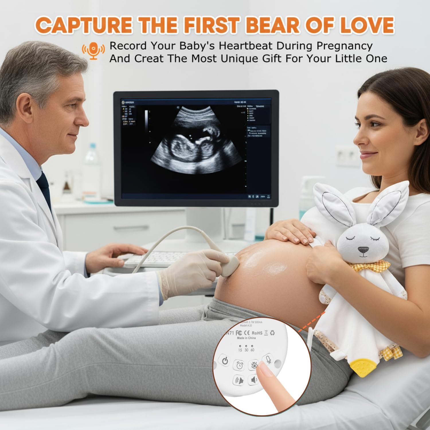 Image of a pregnant woman with a doctor, using the BEREST A10 Music Box to record a heartbeat, highlighting the recording feature.