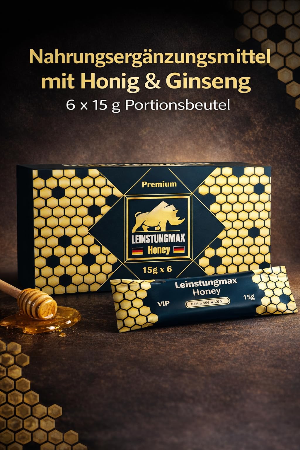 Leinstungmax Honig – Nahrungsergänzungsmittel mit Honig, Ginseng, Pflanzenextrakten und Vitamin B1 + B2 | 6 Portionsbeutel à 15 g Für aktive Männer