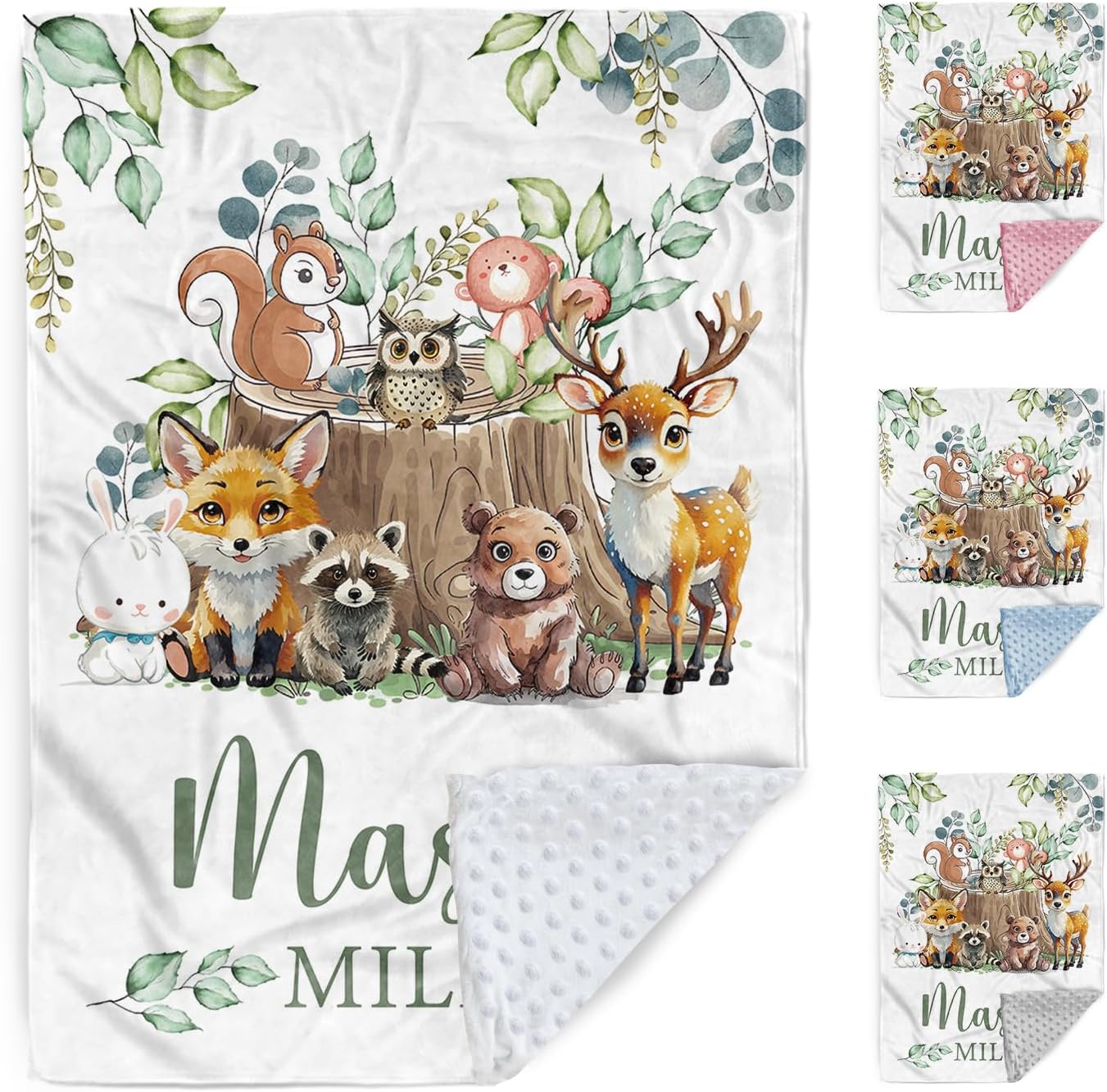 Terwex Custom Baby Blanket with Name, Customized Blanket for Newborn Boys Girls, Forest Animals Flannel Double Layer Dotted Backing Receiving Swaddle, Cute Keepsake Gifts for New Parents(47"x60")