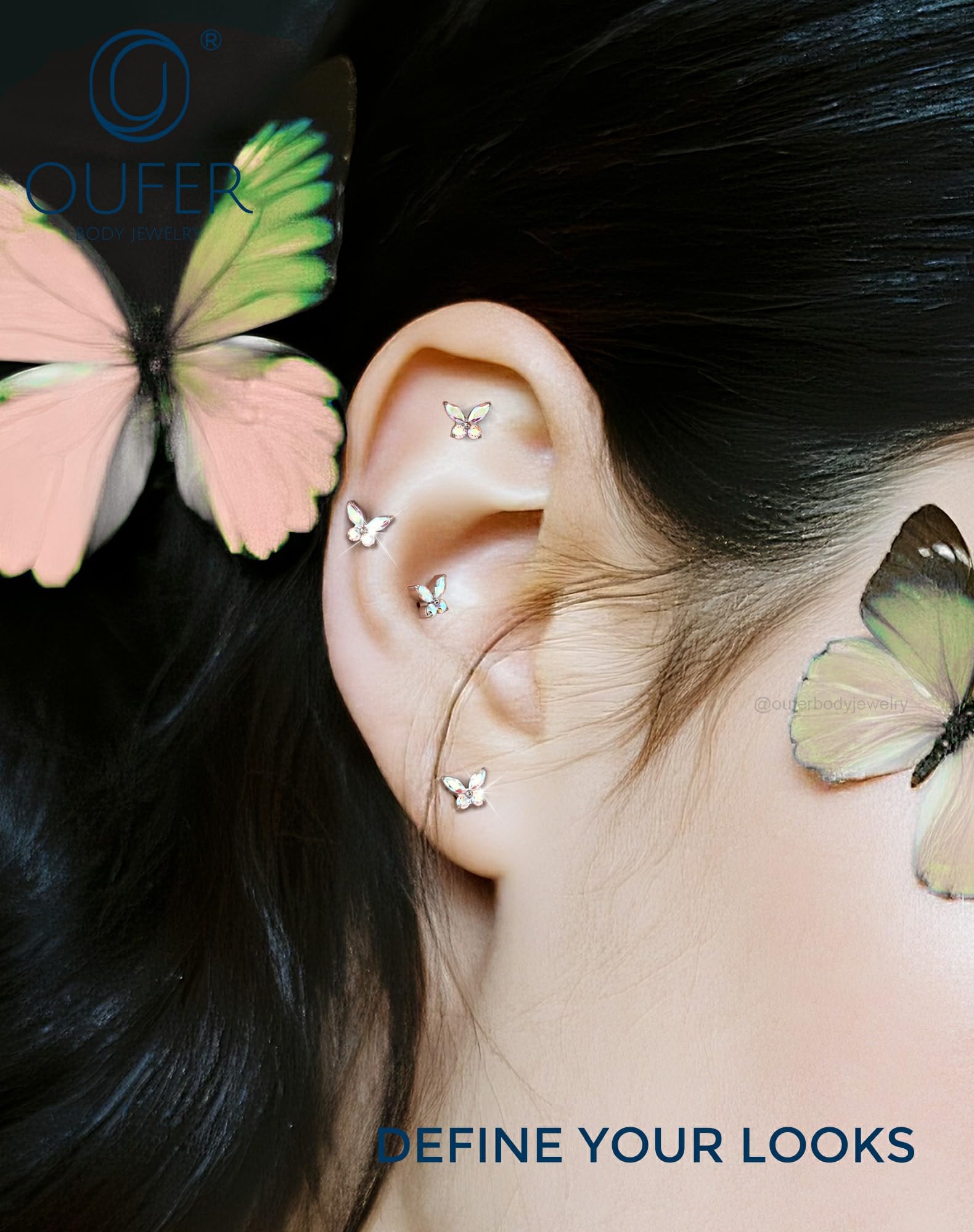 OUFER Body Piercing Labret Earrings: Titanium Lip Stud 16G/1.2mm Internally Threaded Helix Tragus Conch Cartilage Earrings Jewellery Butterfly Medusa Bar 6/8/10/12mm for Women - 3