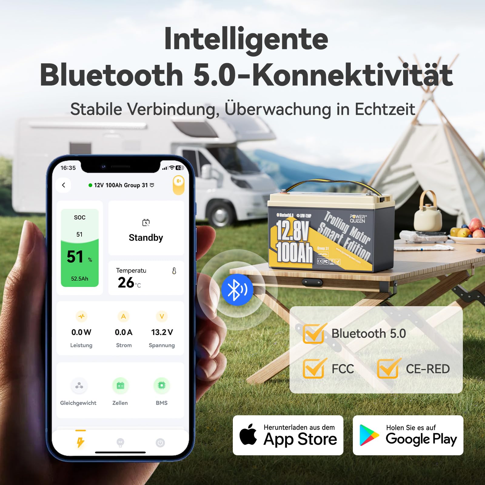 Power Queen LiFePO4 12V 100Ah Bluetooth Batterie, mit Tieftemperaturschutz und 100A BMS, Max. 15000 Zyklens,1280Wh Lithium Batterie geeignet für Trolling-Motoren, Boot