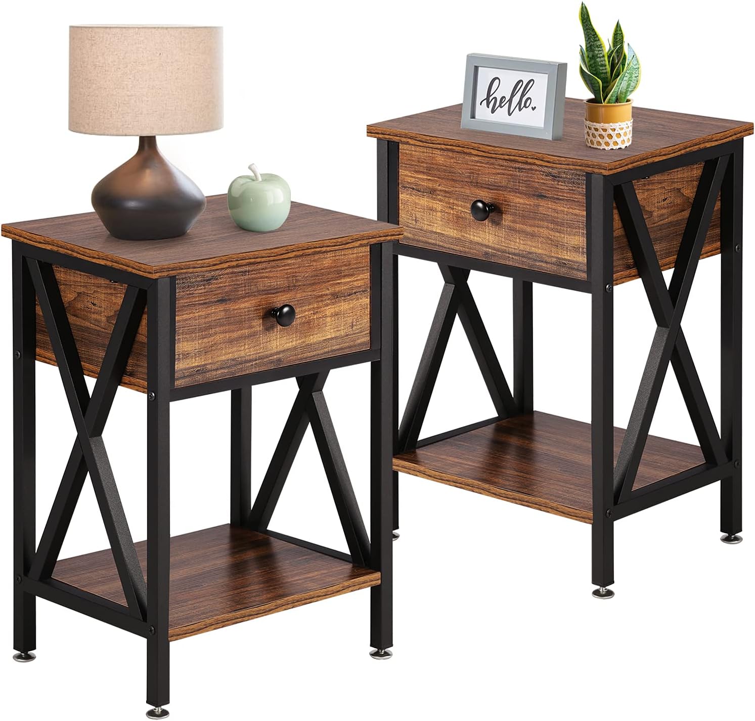 VECELO Nightstand Modern Side End SofaTable Night Stand with Bin Drawer for Living Room Bedroom, Set of 2,Industrial Metal Frame, Table, Brown : Home & Kitchen
