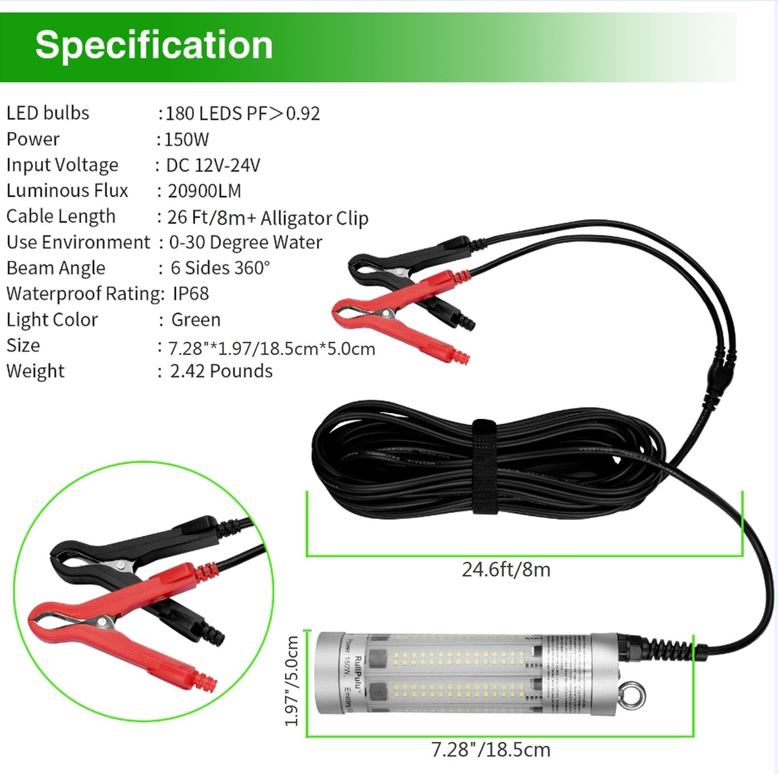 Underwater Fishing Light, 150W 20900lm Super Bright, 12V-24V LED Submersible Lamp Attractants for Docks Boats Kayaks, IP68 Rated for Fresh & Salt Water (150W 20900lm White Light 26ft Cable)