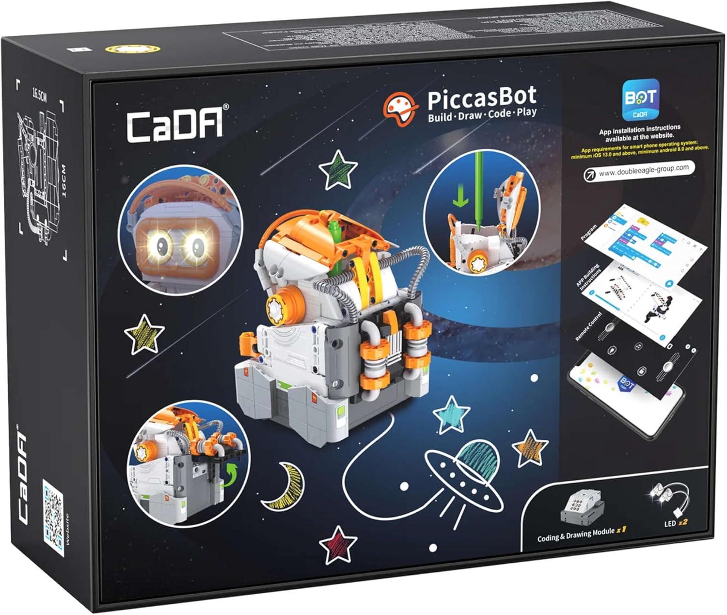 Back of the CaDA PiccasBot C83006W product box showing app installation instructions and features.