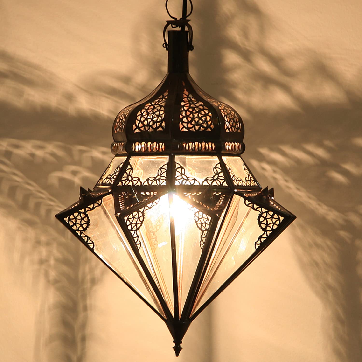 Casa Moro Orientalische Lampe JAWHARA Transparent aus Klar-Glas & Eisen handgefertigt | Kunsthandwerk aus Marrakesch | marokkanische Pendelleuchte wie aus 1001 Nacht | L1277