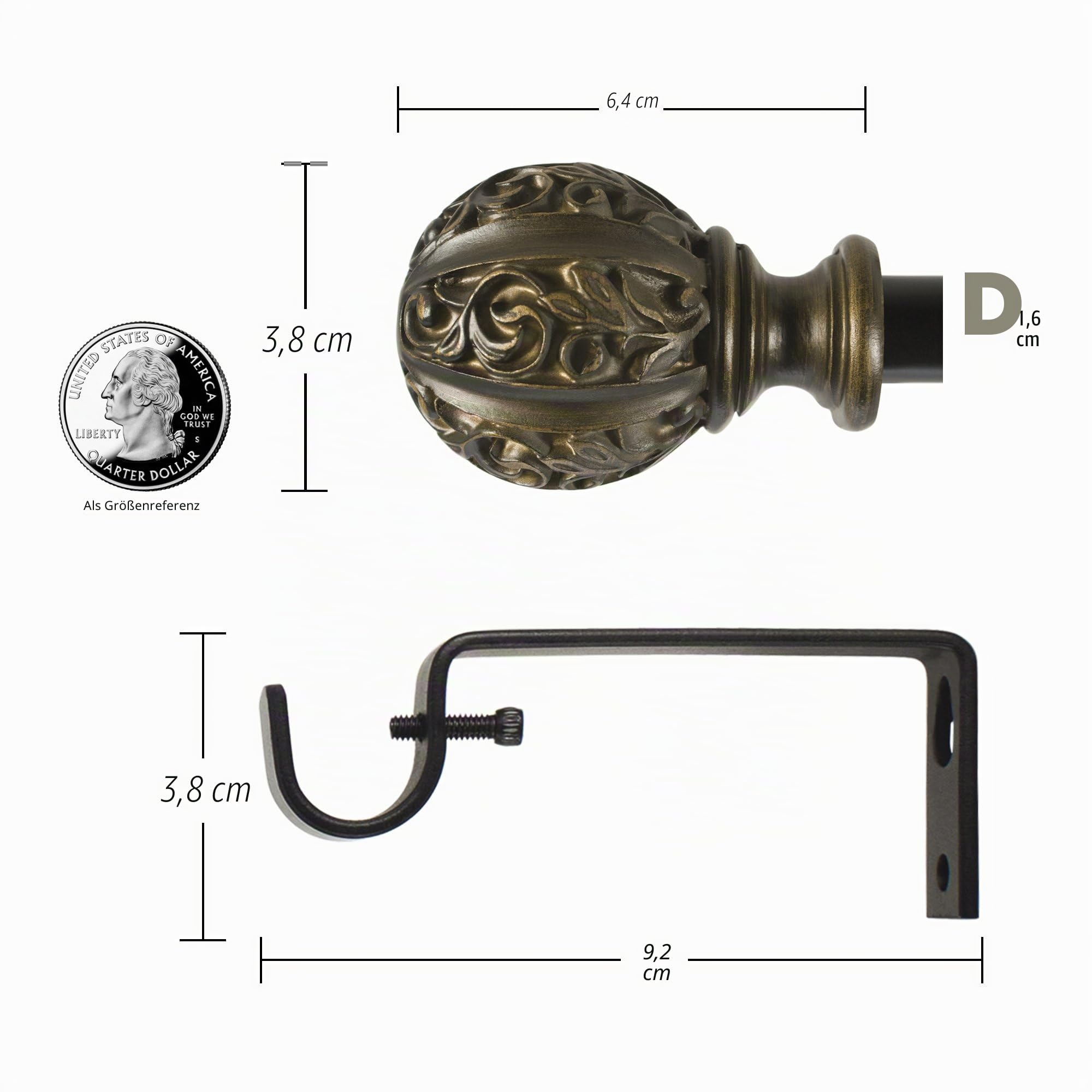 Decopolitan 1,6 cm Blattkugel Gardinenstangen-Set, Metall, Distressed Ivory, 86 to 128 Inches