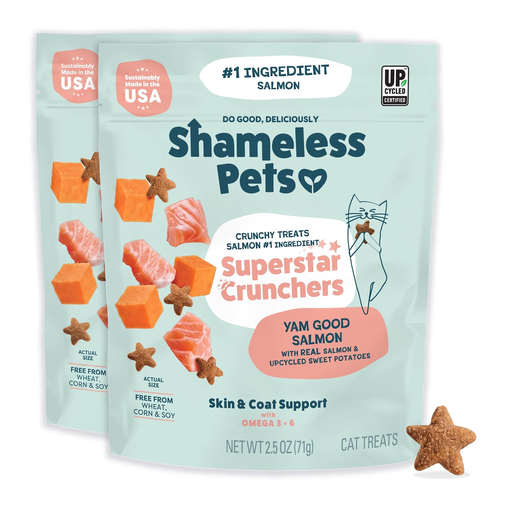Shameless Pets Crunchy Cat-Treats - Kitty-Treats for Cats with Skin &amp; Coat Support, Natural Ingredients KittenTreats with Real Salmon, Healthy Flavored Feline Snacks - Yam Good Salmon, (Pack of 2)