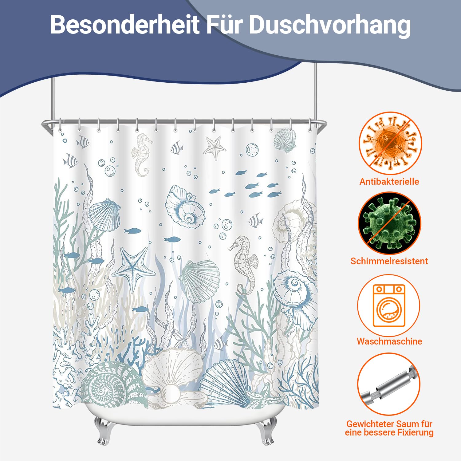 Lerores Tenda da doccia 180 x 180 cm, fondo marino, in tessuto antimuffa, orlo appesantito, impermeabile, lavabile, in tessuto di poliestere, con occhielli e 12 anelli per tenda da doccia per bagno,