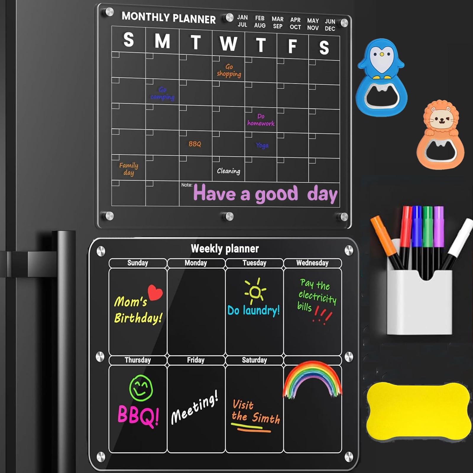 Calendrier Magnétique Effaçable Pour Frigo - Planificateur Mensuel & Hebdomadaire Transparent Avec Marqueurs | Organisation Familiale Pratique
