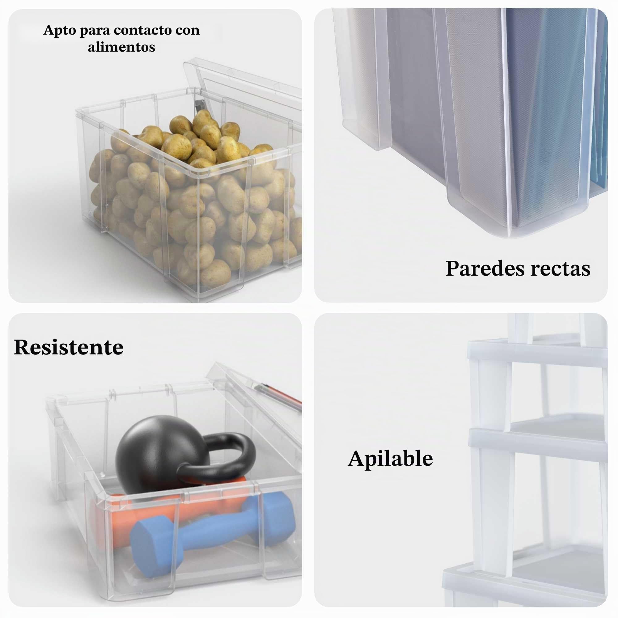 SUNDIS Clip'N Store, 3 cajas almacenaje con tapa, 17l de capacidad, plastico transparente, reforzados, aptas para alimentos, paredes rectas, apilables y combinables
