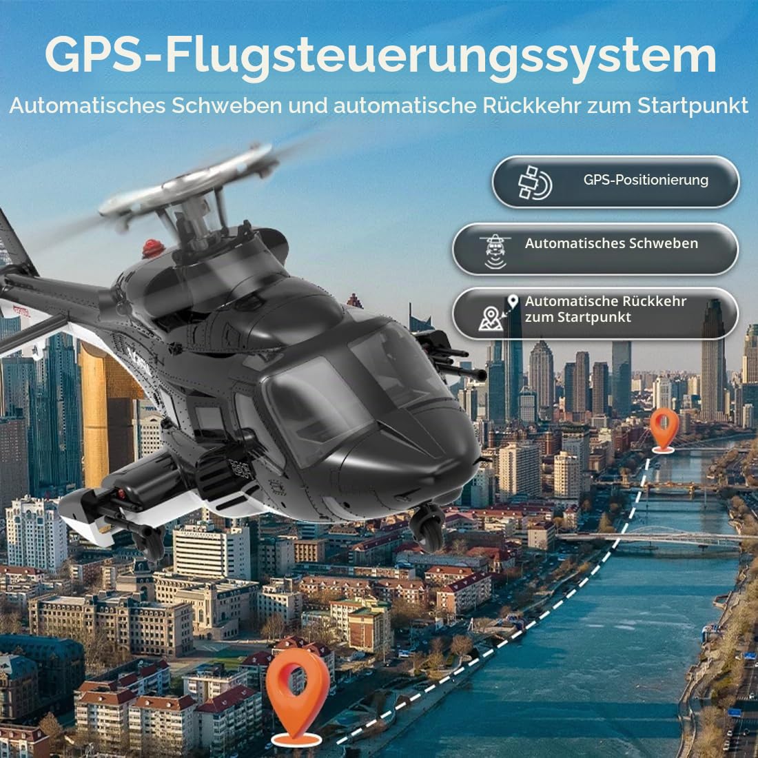 YUXIANG F02S Air-Wolf GPS Smart RC-Hubschrauber, Maßstab 1:34, 8-Kanal-Brushless-Motor, Flybarless-Simulator, RC 3D/6G-Hubschrauber mit automatischer Rückkehrfunktion und GPS-Positionierung – RTF