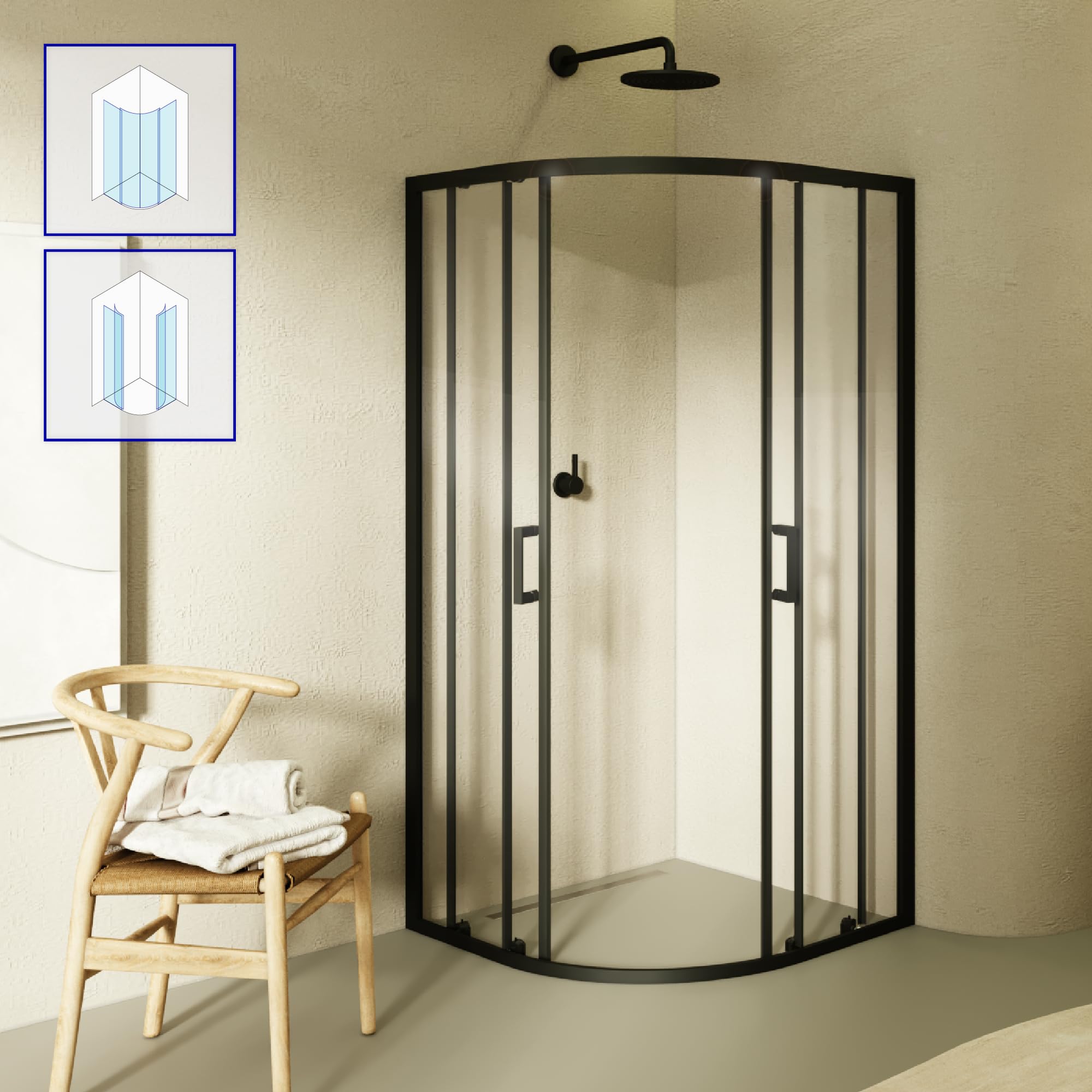 Mampara de Ducha Ella | 80x80x190cm | Puertas correderas | Ajuste 77,5-79,5 x 77,5-79,5cm | Perfiles negros, Cristal transparente de 6mm - Moments of Glass