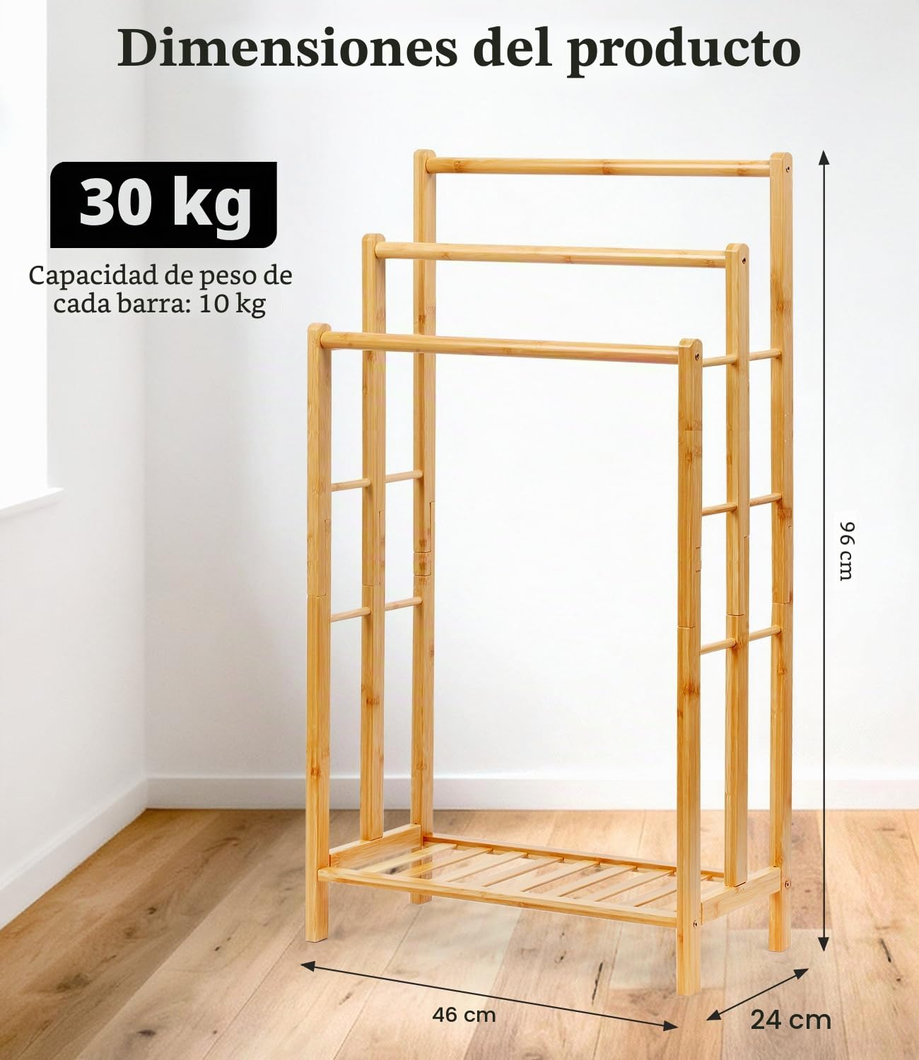 Toallero de bambú con estante, toallero de pie, escalera de pie con 3 barras, baño, salón, ahorra espacio (96 cm de alto)