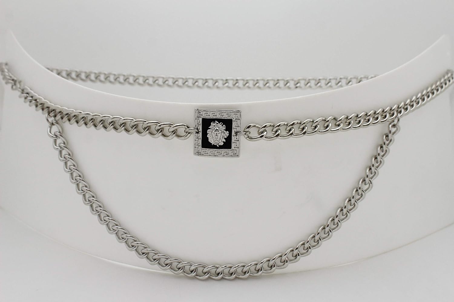 TFJ Women Fashion Belt Hip High Waist Silver Metal Chain Lion Charm Buckle XS S M